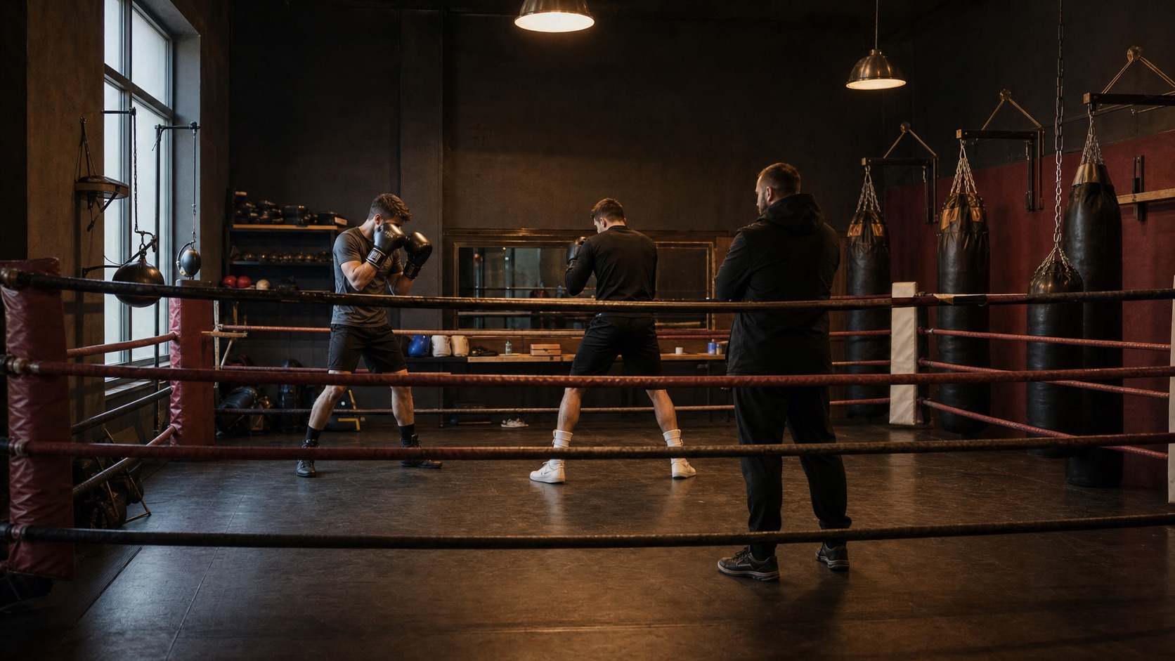 Gimnasio de boxeo con ring, sacos y deportistas entrenando